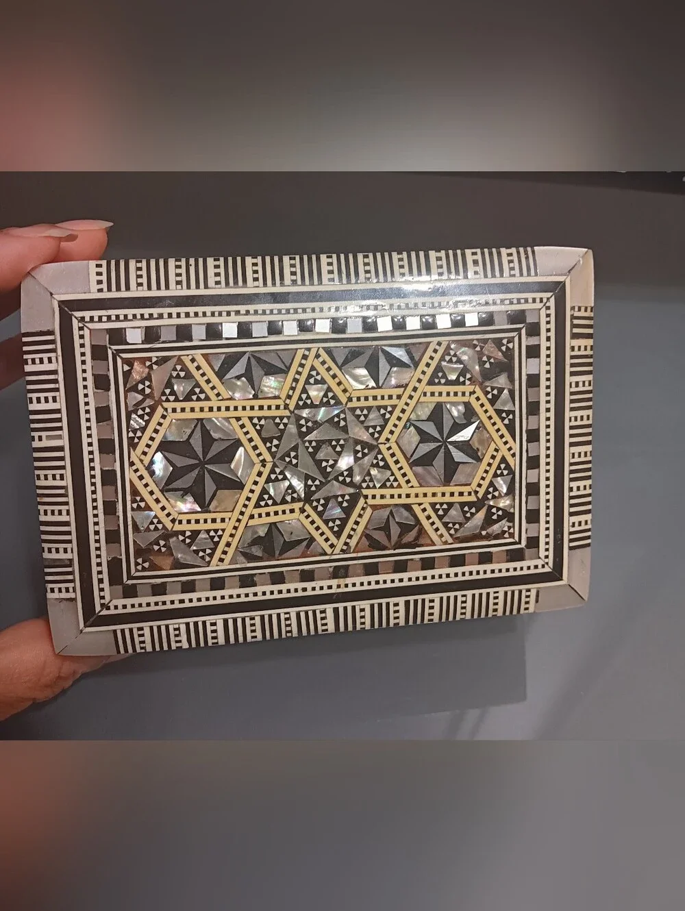 Antique Geometric Mother Of Pearl Jewelry Box